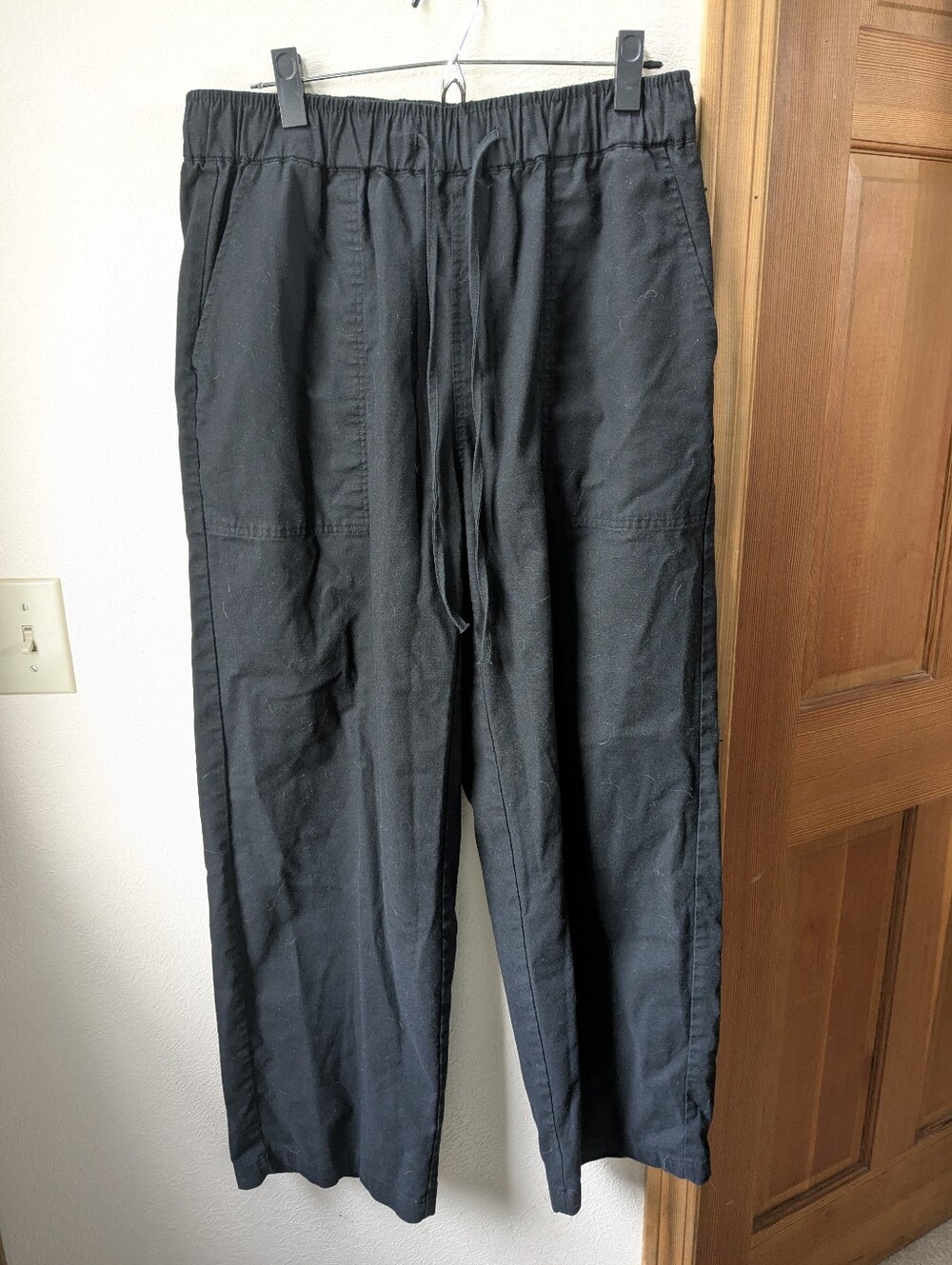 Black Drawstring Rayon Linen Wide Leg Pants